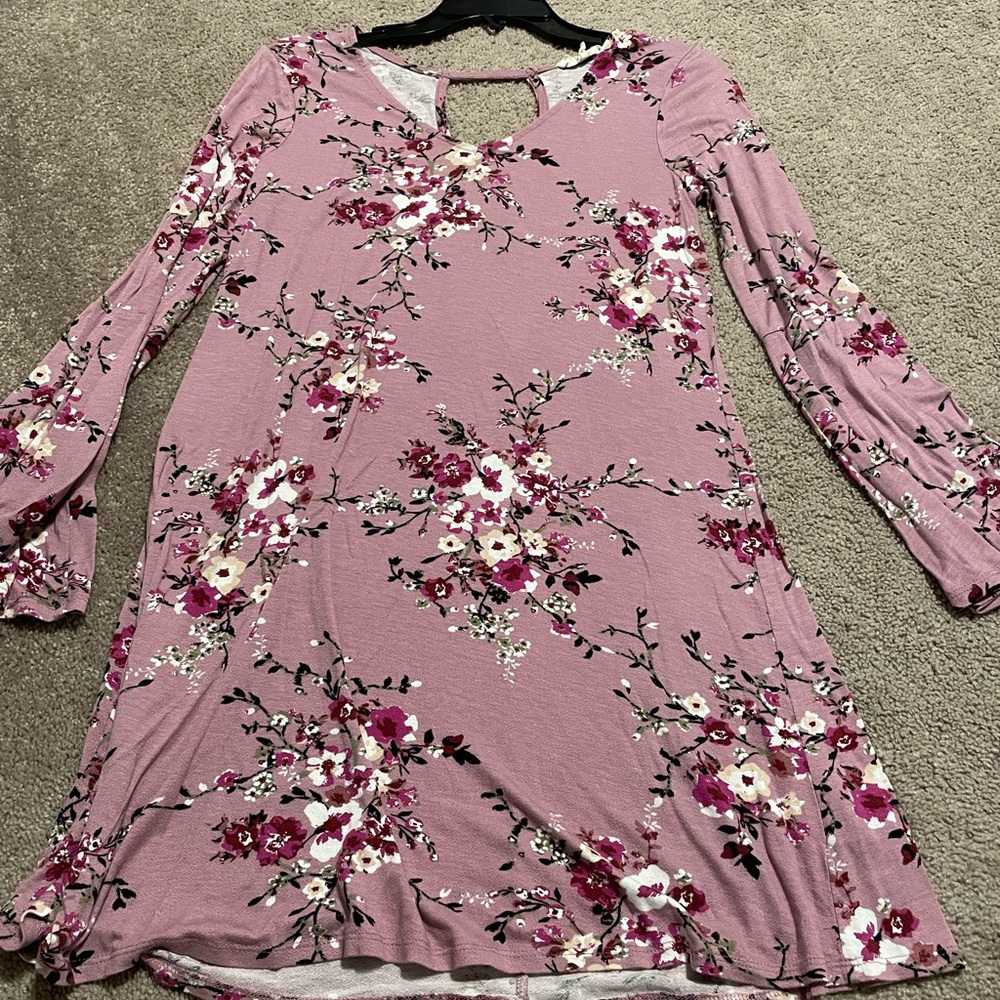 Pink rose flowy long sleeved floral purple dress